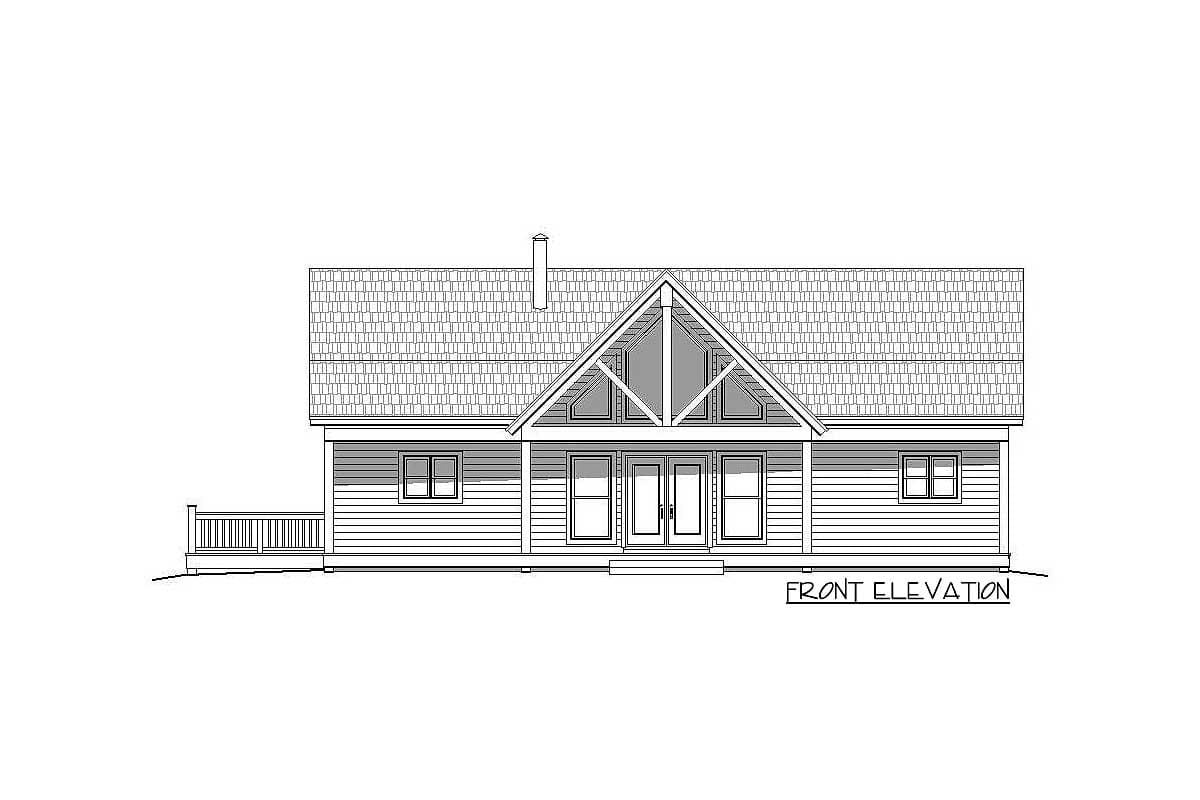 Front elevation house plan with a gable roof, double doors, two windows, and a deck.