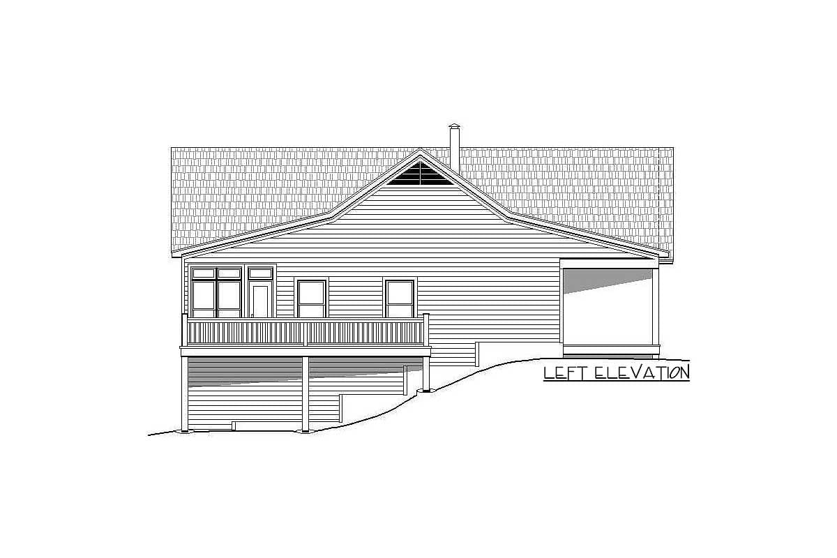 Left elevation house plan drawing showing a pitched roof, deck, and horizontal siding.