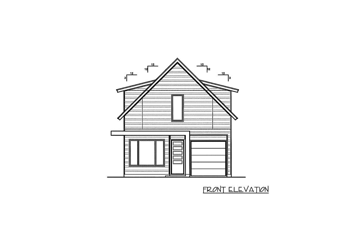 Front elevation drawing of a two-story house plan with a gable roof, single-car garage, and front entrance with a window.