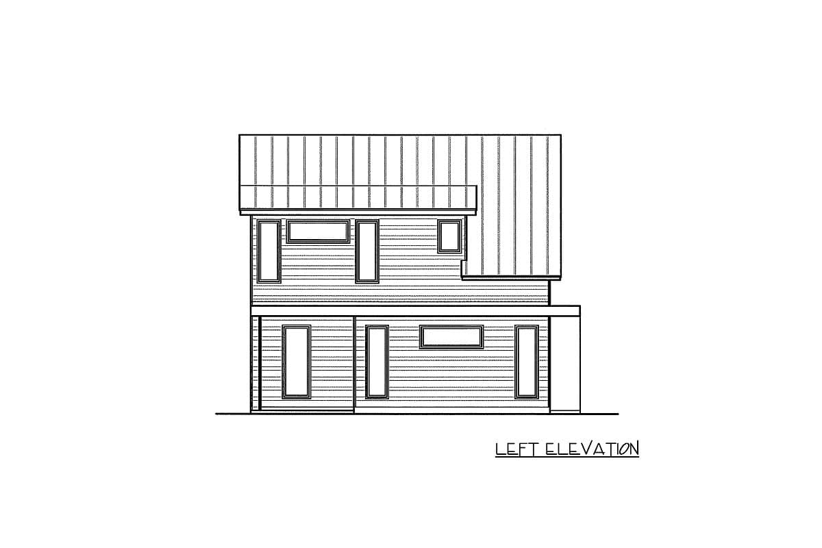 Left elevation house plan drawing shows a two-story structure with horizontal siding and a metal roof.