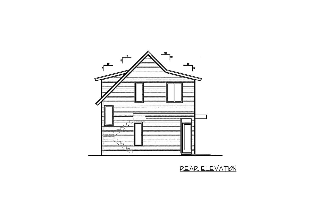 Rear elevation drawing of a two-story house with a gable roof, multiple windows, and exterior stairs.