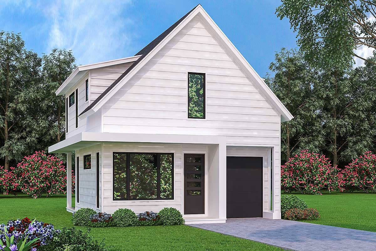 House plan exterior. Two-story Modern house with a gable roof, covered entry, and attached garage. Featuring a shed roof over the front window.