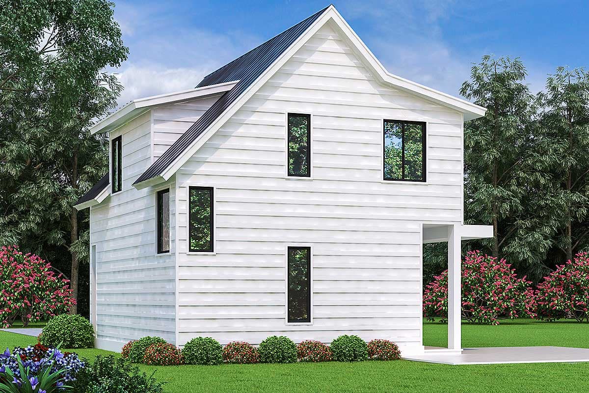 House plan exterior: Two-story Modern Farmhouse style with a prominent gable and projecting roof.