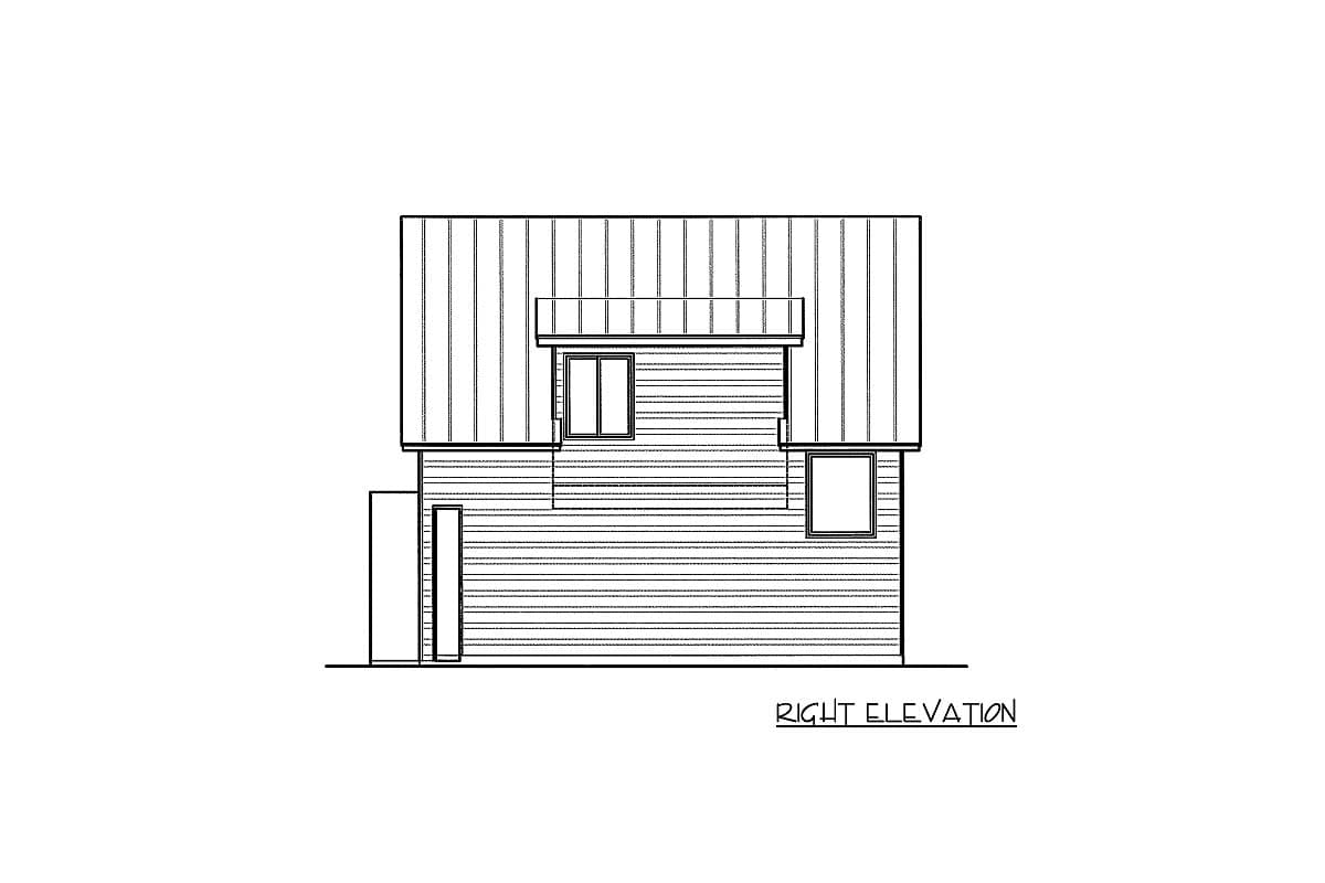 Right elevation drawing of a house plan featuring horizontal siding, a pitched roof with vertical metal panels, and two windows.