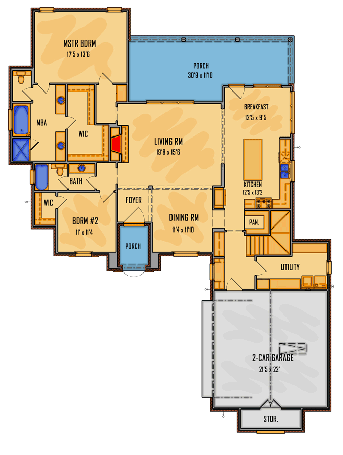 Plan 510018WDY: French Country House Plan with Open Floor Plan - Floor Plan - Main Level - Acadian, European, French Country, Louisiana-Style, Rustic, Southern, Traditional