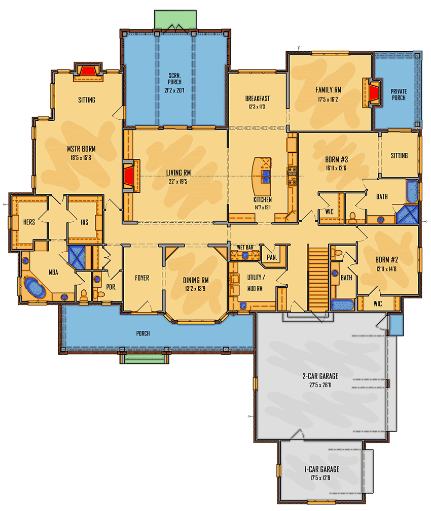 Plan 510019WDY: Flexible 3-Bed Farmhouse Plan with Impressive Features - Floor Plan - Main Level - Acadian, Country, European, Farmhouse, Louisiana-Style, Southern