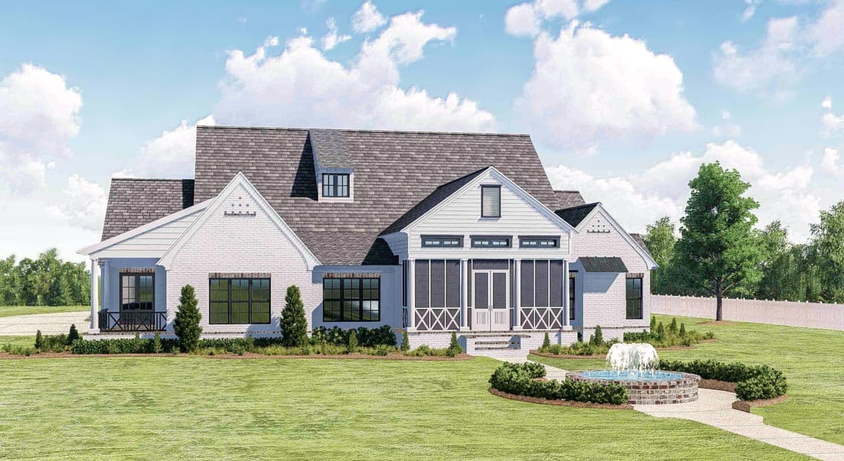 House plan exterior: White brick, two-story, Modern Farmhouse style with gables, dormers, front porch, and screened porch.