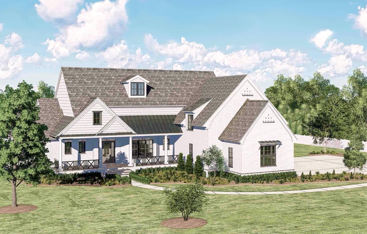 House plan exterior. Two-story, Farmhouse style with gables, dormers, and a covered porch with decorative railing.