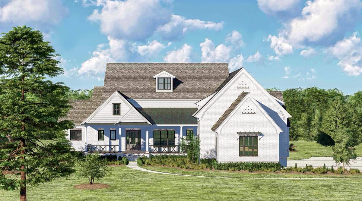 House plan exterior: Two-story Modern Farmhouse with prominent gables, a covered front porch with X-braced railings, and a dormer.