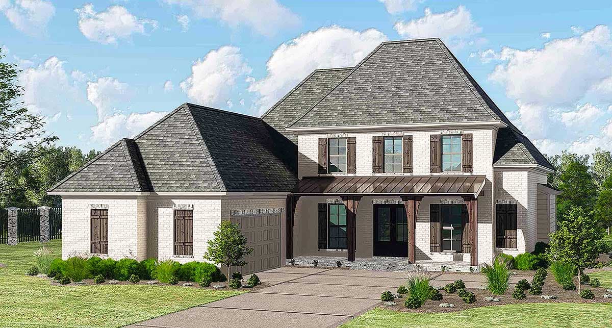 House plan exterior with two stories. Features include a covered front porch, gabled roof, and attached garage. Brick veneer siding with shutters.