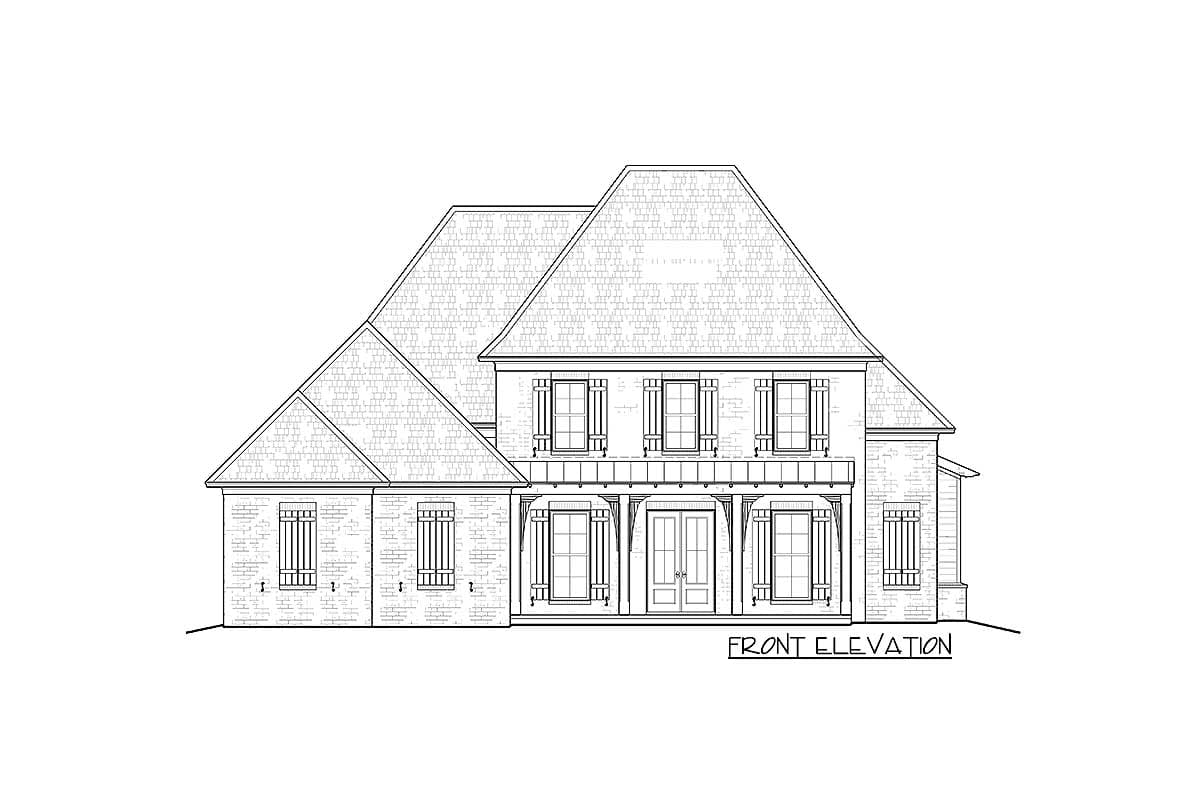 Front elevation of a two-story house plan with a hip roof, covered front porch, and symmetrical window arrangement.
