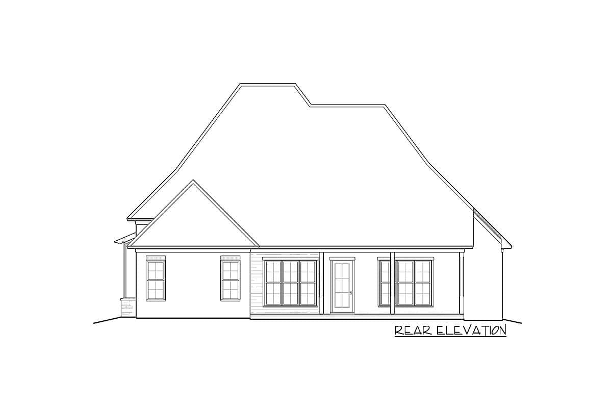 Rear elevation house plan with gabled rooflines, a covered porch, and multiple windows.