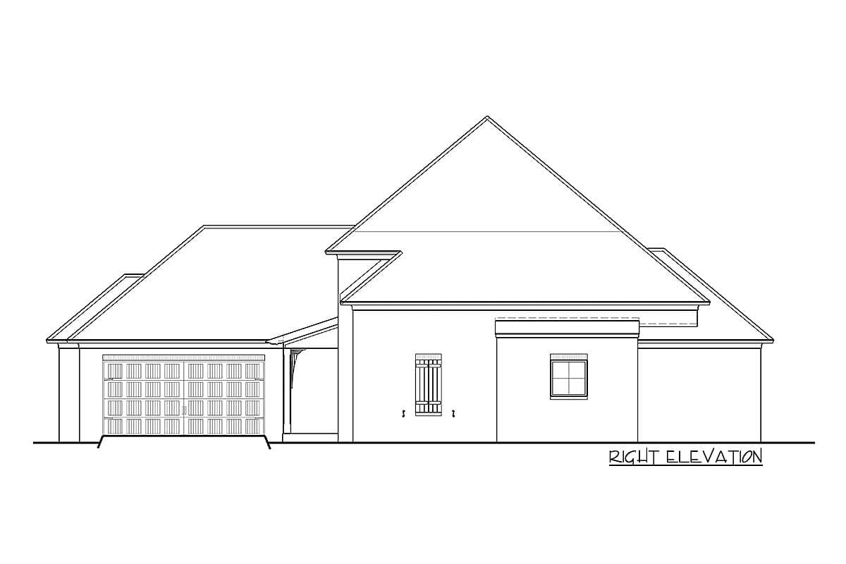 Right elevation house plan with attached garage, gabled rooflines, and two windows.
