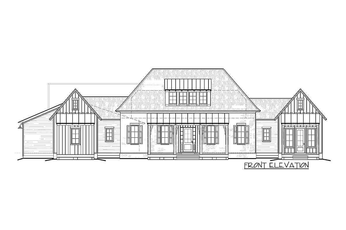 Front elevation drawing of a one-story house plan with a covered porch, multiple gables, dormers, and varied window styles.
