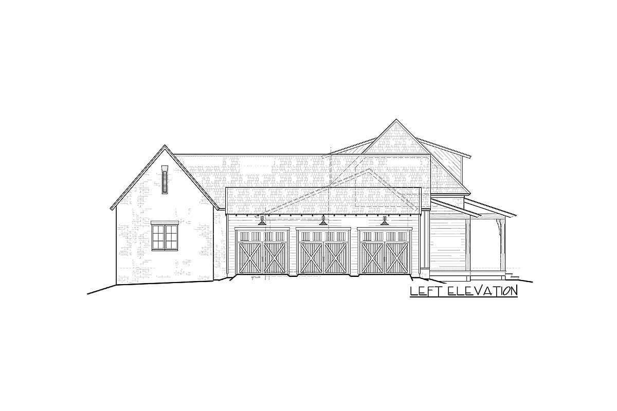 House plan left elevation drawing shows a gable roof, three garage doors, and a covered porch.