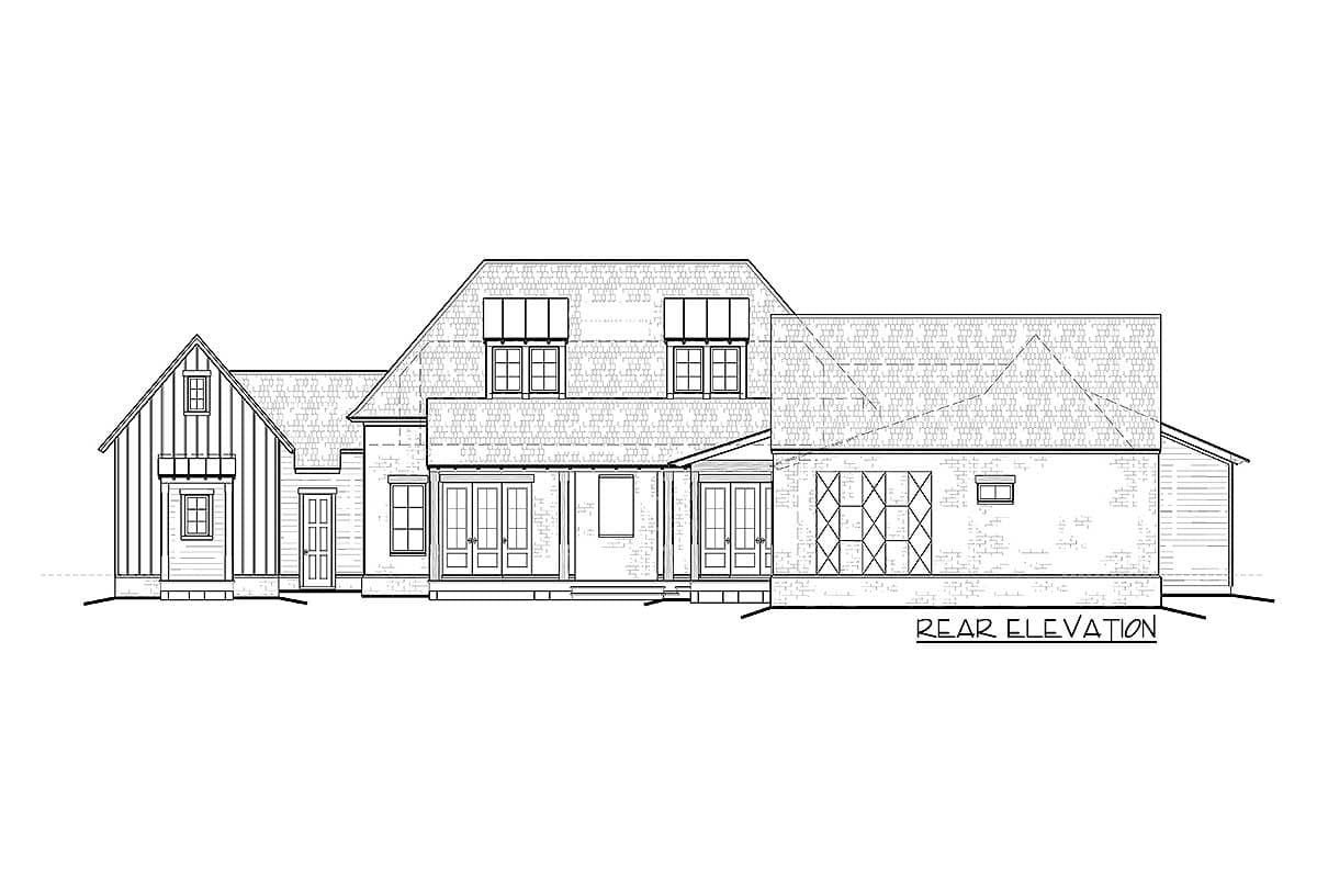 Rear elevation house plan shows a multi-story home with gables, dormers, French doors, and a detached garage.