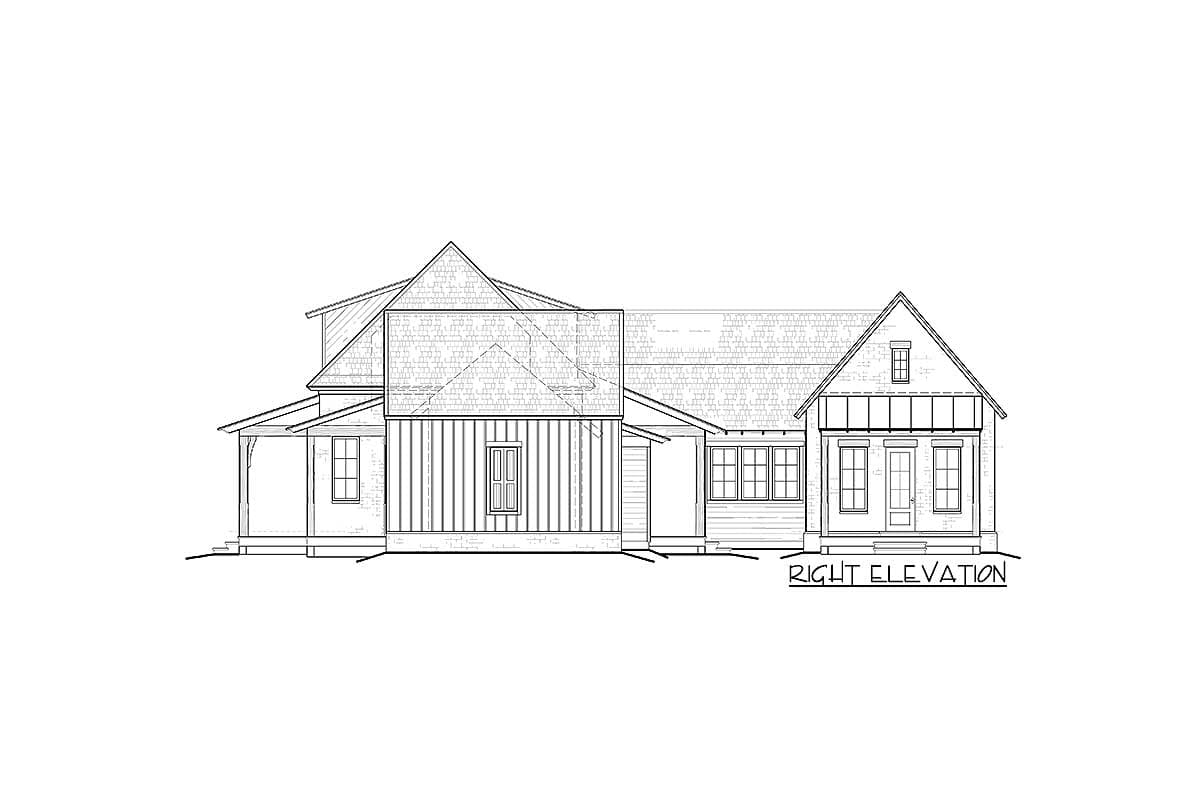 House plan right elevation drawing with gabled roofs, dormer, porch, and multiple windows.