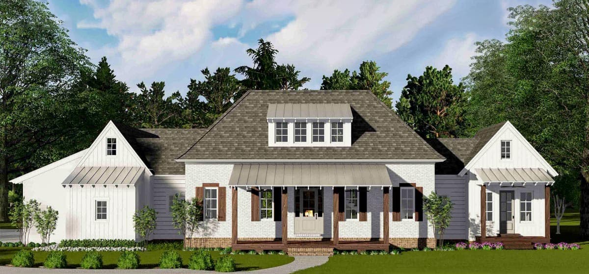 House plan exterior. Farmhouse style, single story home with gables, a covered porch, and a metal roof over a dormer.