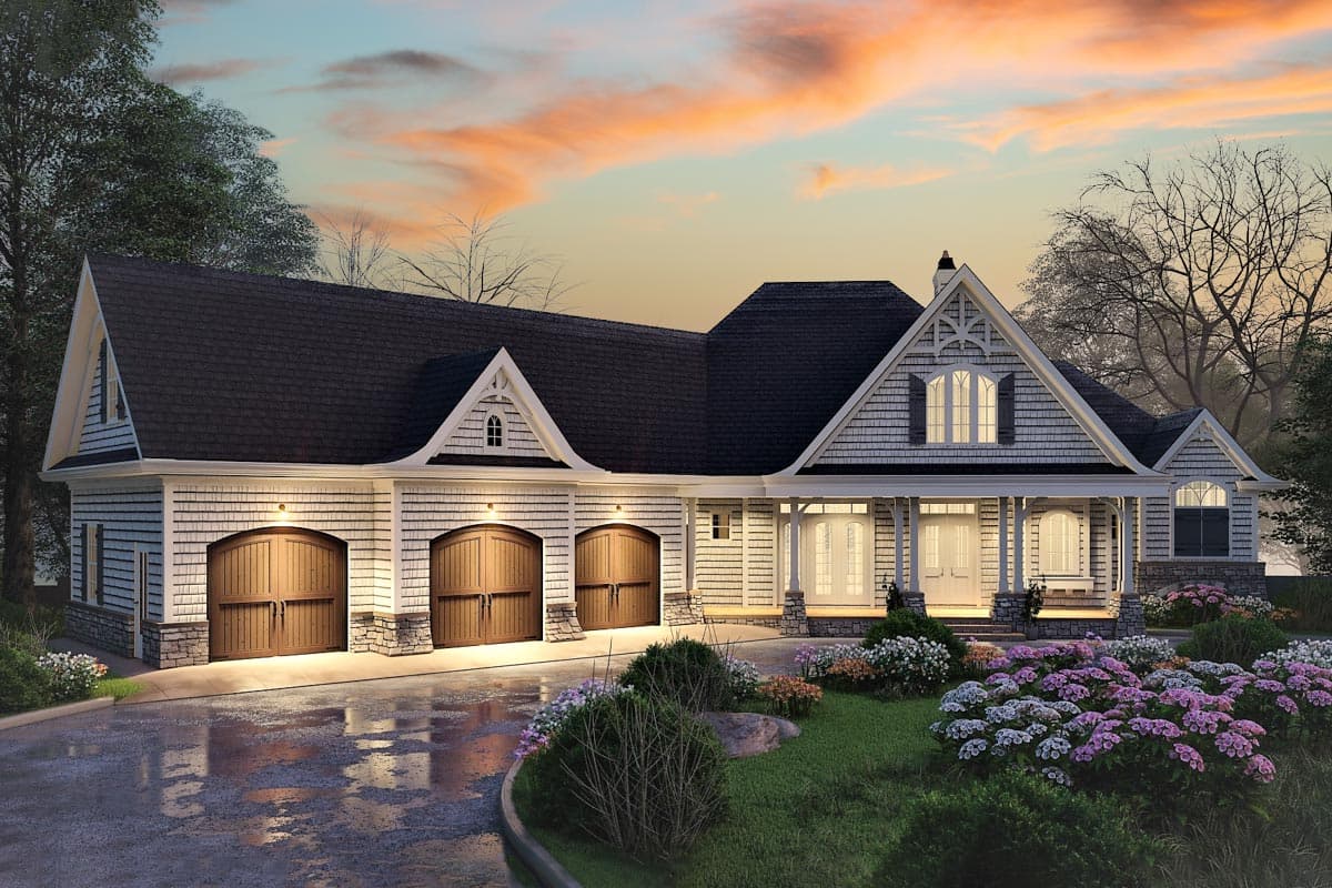 House plan exterior featuring Craftsman style, two stories, three-car garage, front porch, and multiple gables.