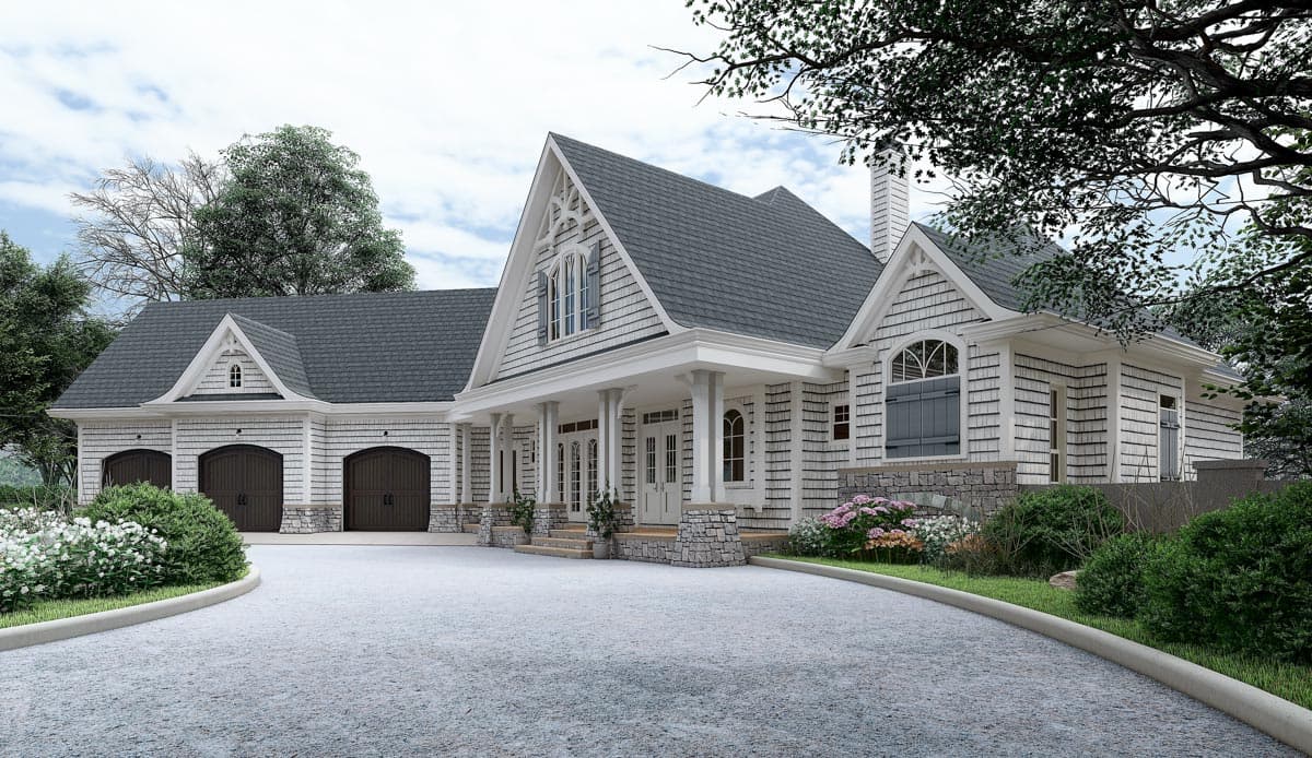 House plan exterior shows a two-story Modern Farmhouse with a wraparound porch, gables, dormers, and a three-car garage.