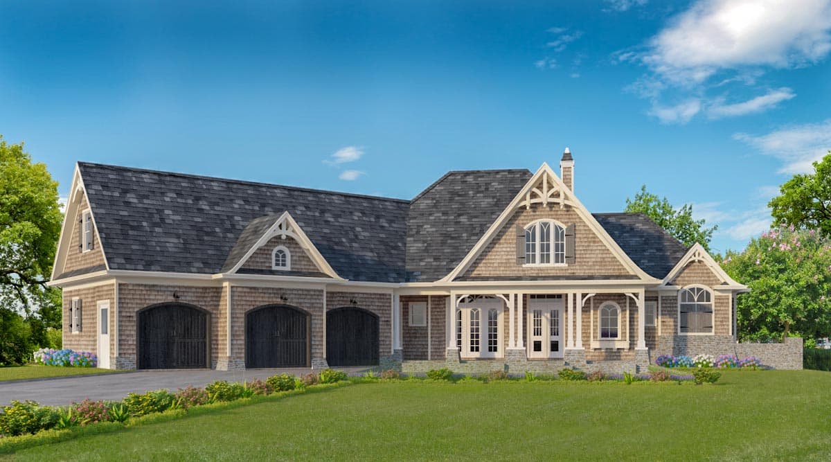 House plan exterior of a one-story home with a prominent gable roof, shingle siding, and a three-car garage.