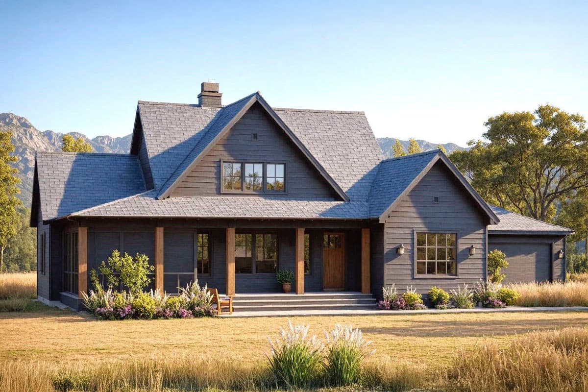 A dark gray farmhouse with a stone roof and wooden pillars sits in front of a mountain range. The lawn is bordered by flowers and tall grasses.