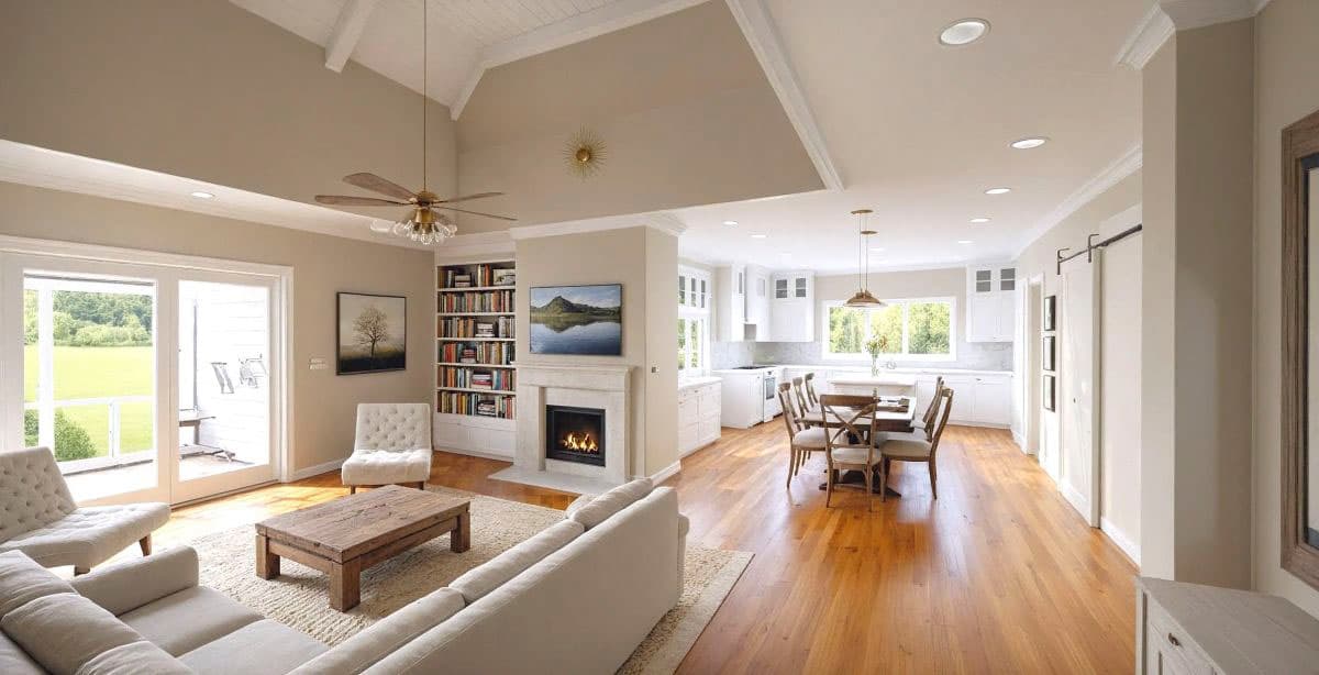 Open concept living area with vaulted ceiling, fireplace, built-in bookshelves, and a kitchen with white cabinets.