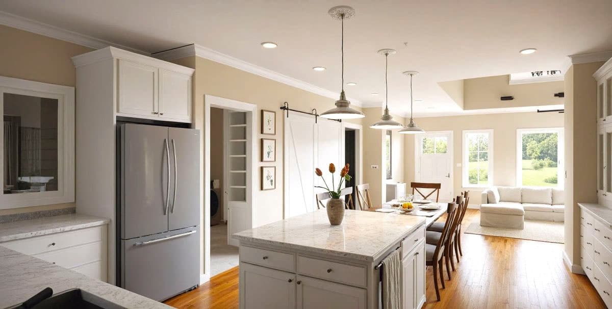 Open-concept kitchen with island and dining area, flowing into a living room with sofa and large windows overlooking a backyard.
