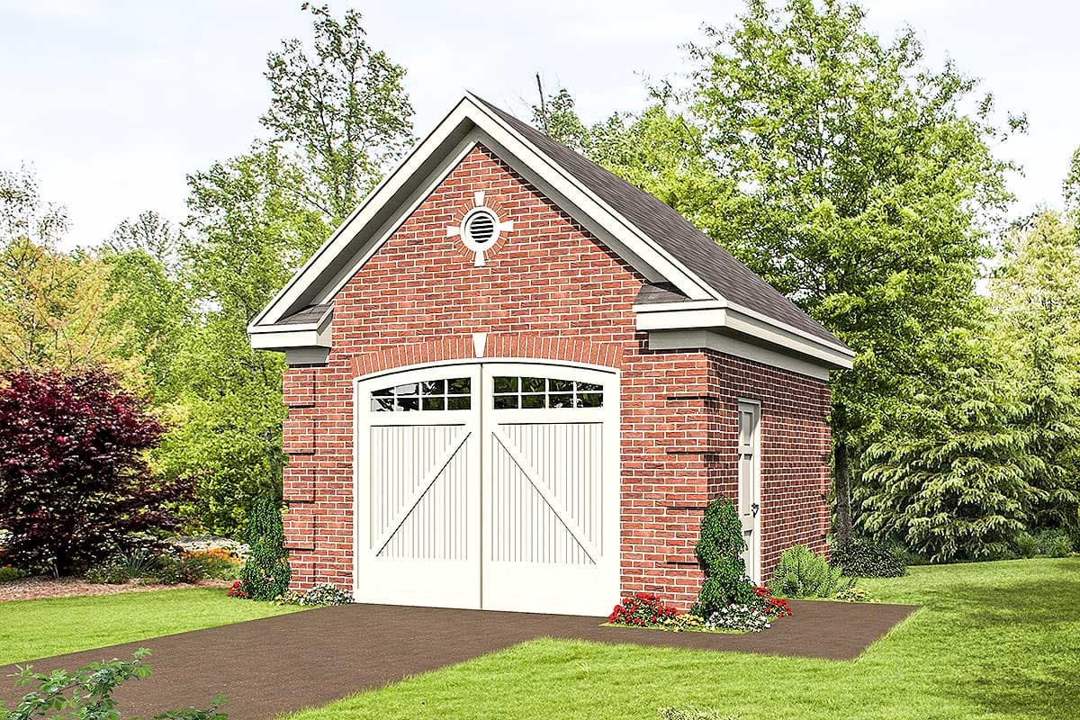 House plan exterior with brick facade, gable roof, and paneled garage doors. Features include a decorative vent and a side entry door.