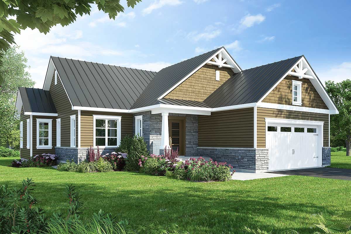 House plan exterior with Craftsman-style elements, one story, gable roof, front porch, and garage with overhead door.