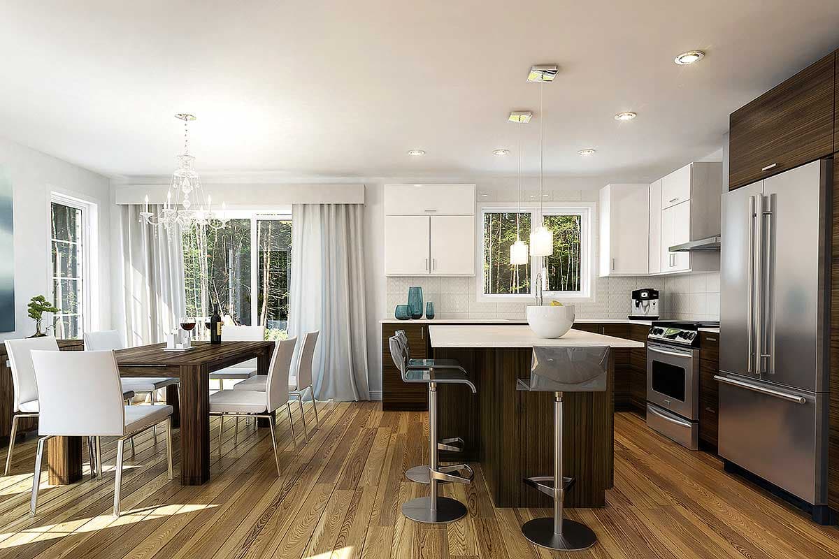 Modern kitchen and dining area with island, stainless steel appliances, and dining table with chairs.