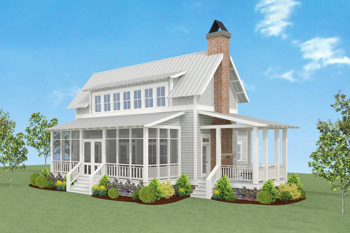 House plan exterior in farmhouse style. Two-story home with a wrap-around porch, gable roof, and brick chimney with a metal cap.