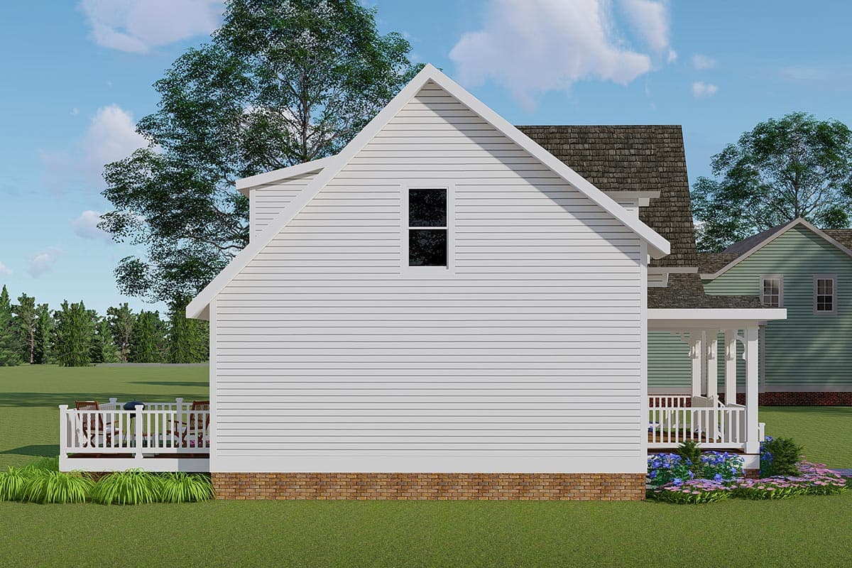 House plan exterior showing white siding, gabled roof, a small window, brick foundation, and a porch.