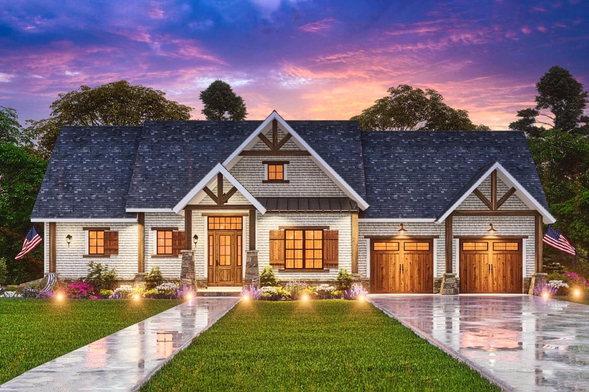 House plan exterior. Craftsman style with two stories, gabled roof, stone accents, and two-car garage. Porch and window shutters also visible.