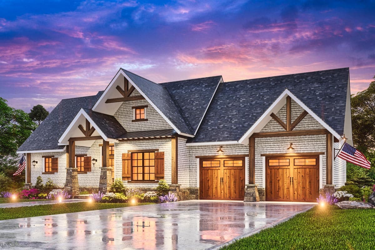 House plan exterior: Modern Farmhouse style, two stories, prominent gables with exposed beams, a covered front porch, and a three-car garage.