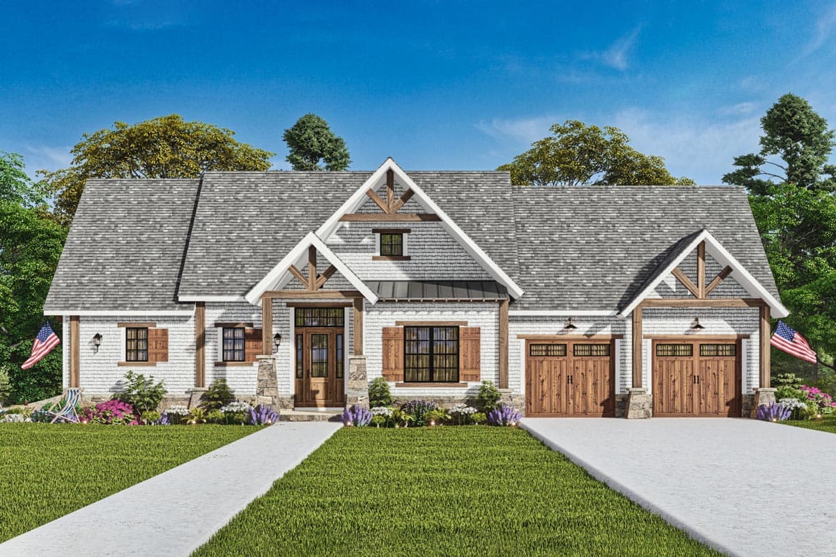 Craftsman house plan exterior with a prominent gable, exposed beams, a covered entry, and a three-car garage.