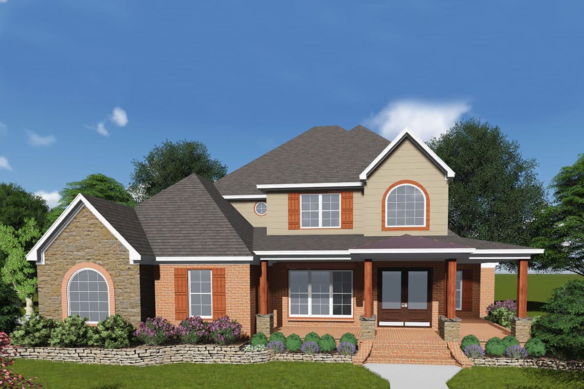 House plan exterior. Two-story home with brick and stone facade, covered front porch with columns, and multiple gables with varied rooflines.