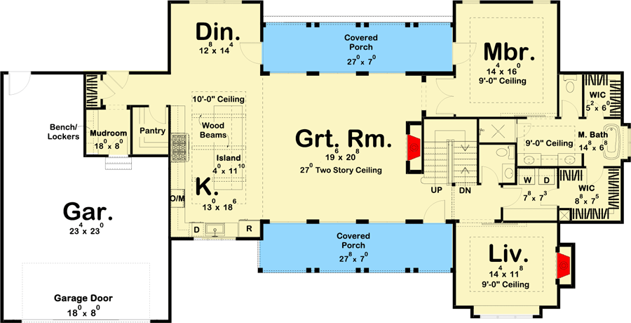 Plan 62728DJ: Classic Farmhouse with Two-story Great Room  - Floor Plan - Main Level - Country, Farmhouse, Modern Farmhouse
