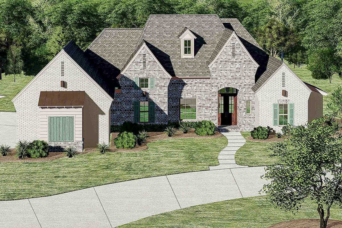 House plan exterior. Two-story brick home with gabled roof, dormers, and front-facing garage. Features include arched entry and shutters.