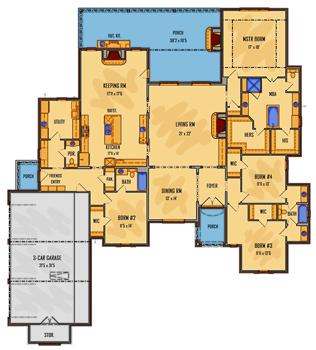 Plan 510022WDY: Elegant One Level European House Plan - Floor Plan - Main Level - Acadian, Contemporary, European, French Country, Louisiana-Style, Southern, Traditional