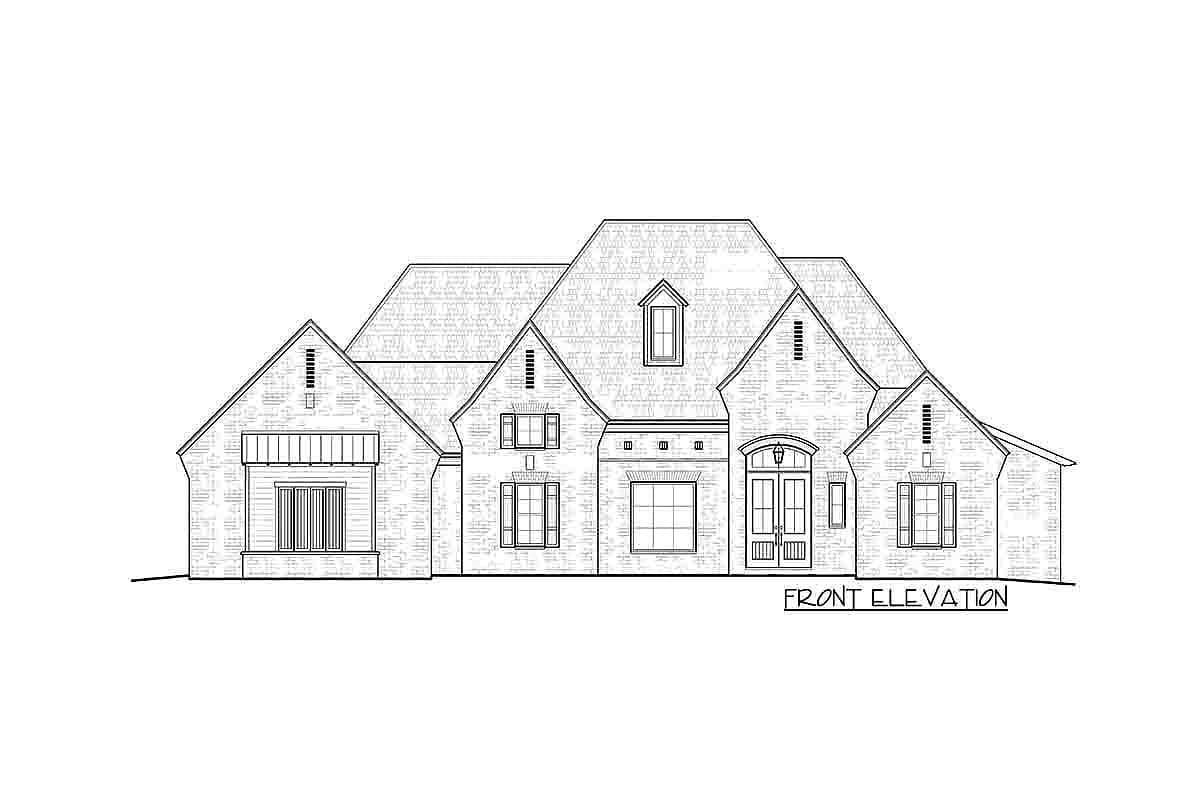 Front elevation drawing of a house plan with multiple gables, dormer window, and arched entry.