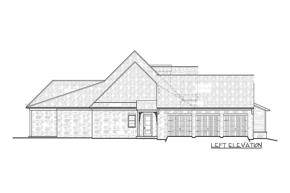 Left elevation drawing of a house plan with a prominent gable, a front entry porch, and a three-car garage.