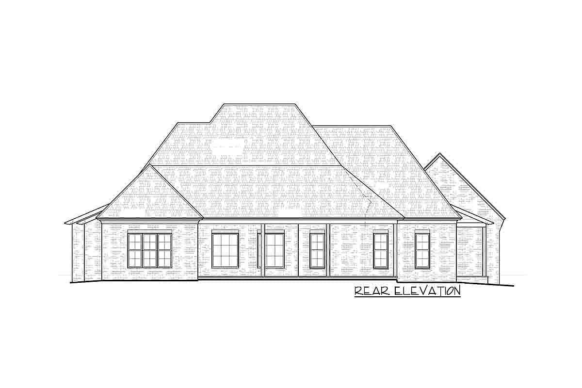 Rear elevation drawing of a house plan featuring multiple gables, a covered patio, and a variety of window styles.