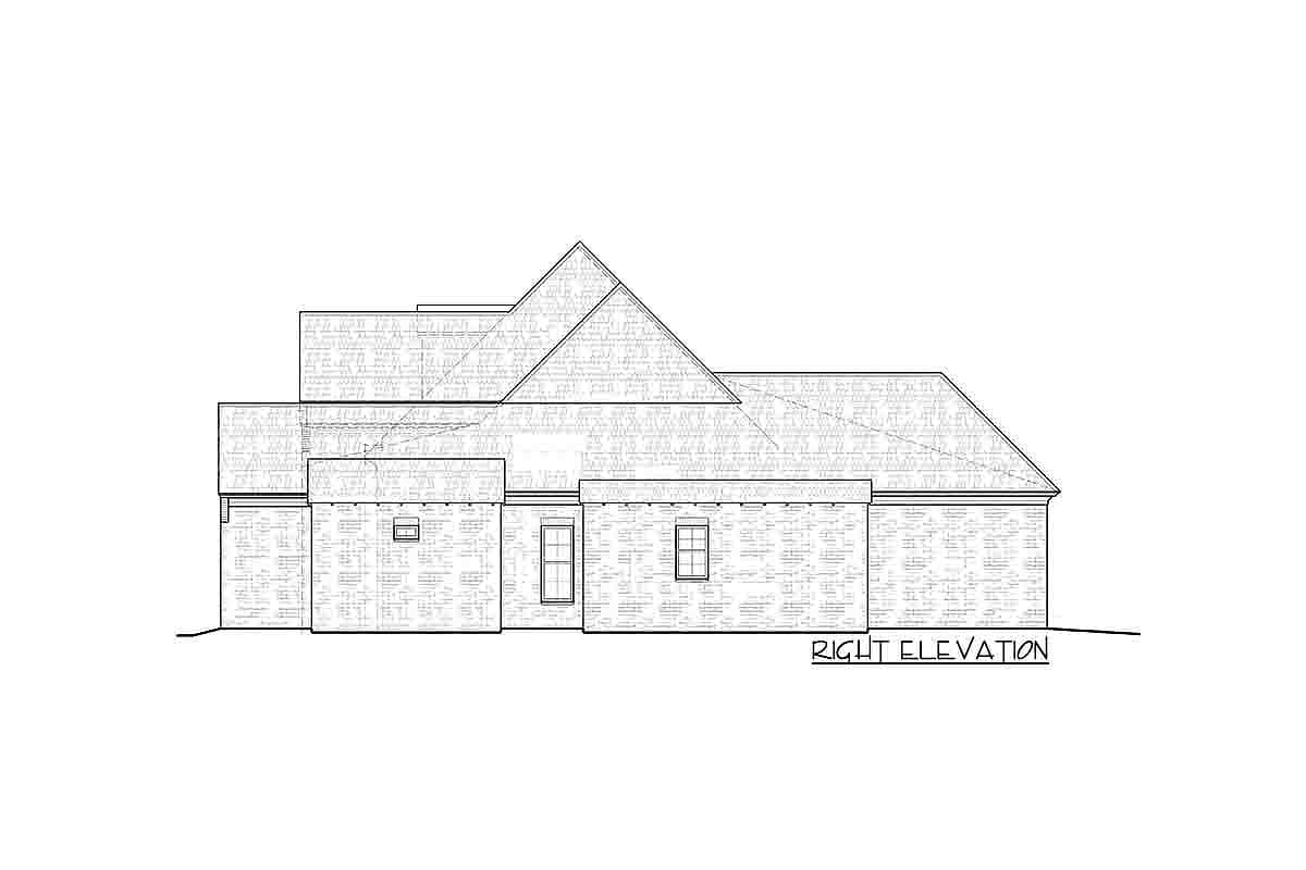 Architectural drawing of a house plan, right elevation view, showing a multi-level roofline and brick exterior.