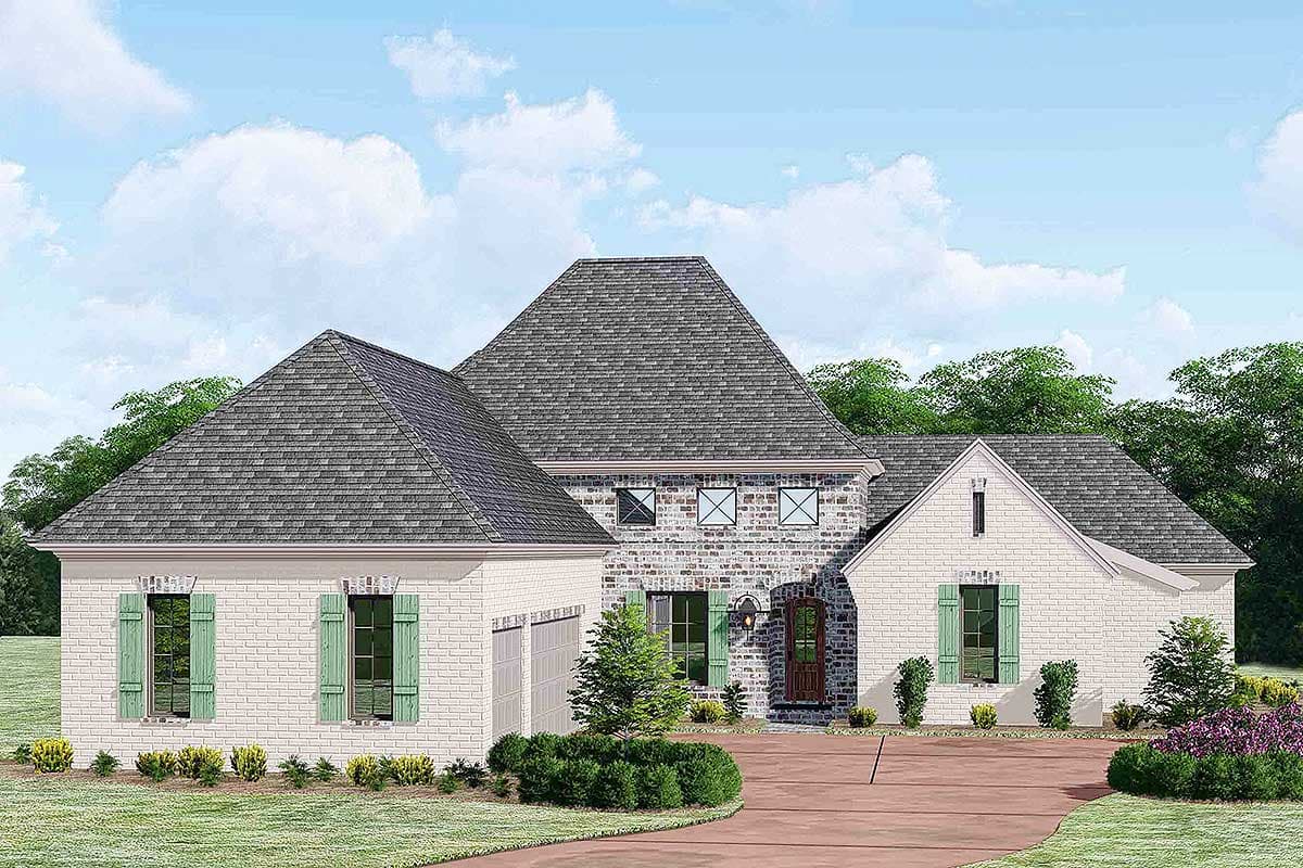 House plan exterior with brick and light-colored siding, multiple roof gables, and a front-entry garage. Features include shutters.