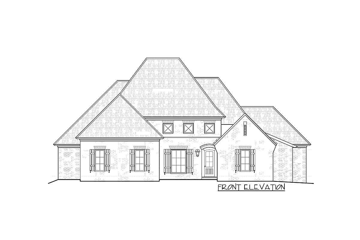 Front elevation drawing of a two-story house plan with a multi-gabled roof, brick exterior, and shutters.