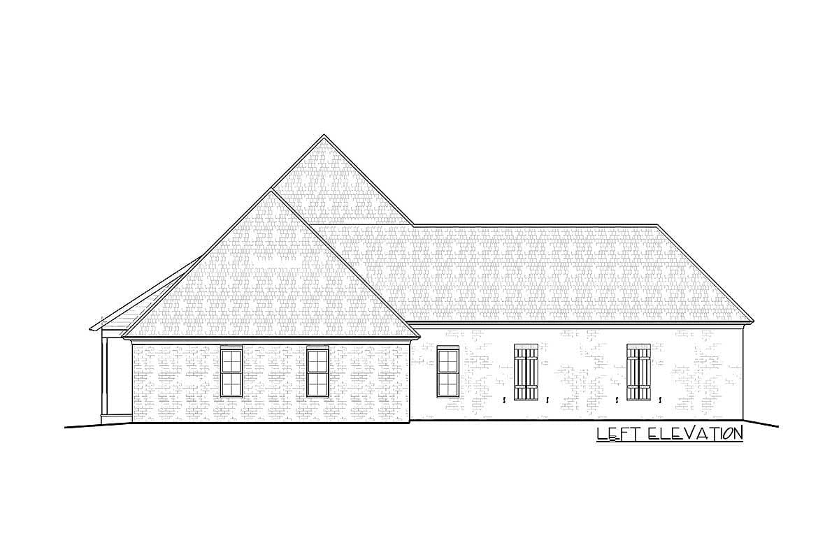 Left elevation of a single-story house plan with a brick exterior, intersecting gable rooflines, and multiple windows.