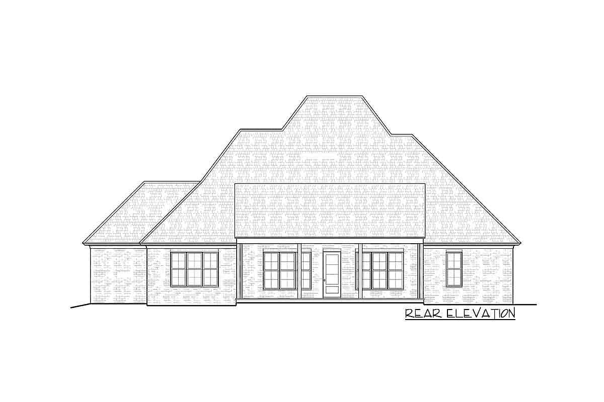 Rear elevation of a house plan with a prominent hip roof, covered porch with windows, and brick detailing.