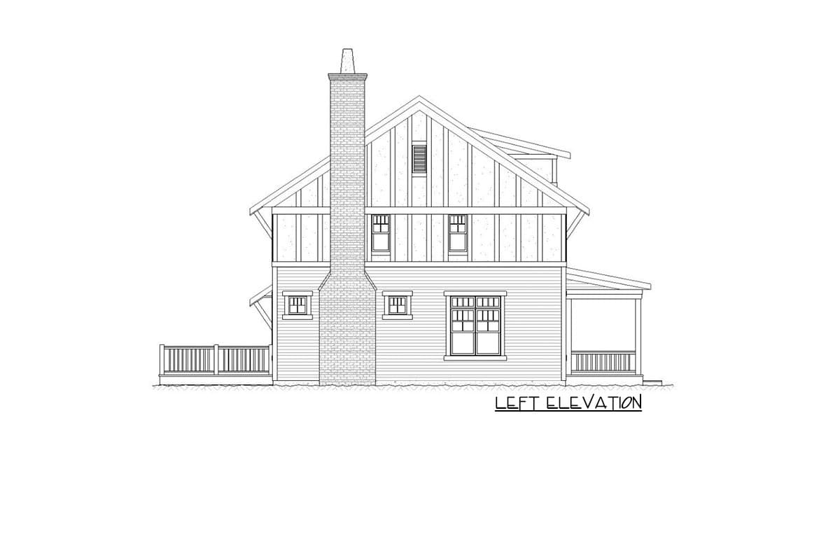 Left elevation drawing of a two-story house plan with a prominent brick chimney, gabled roof, and a covered porch.