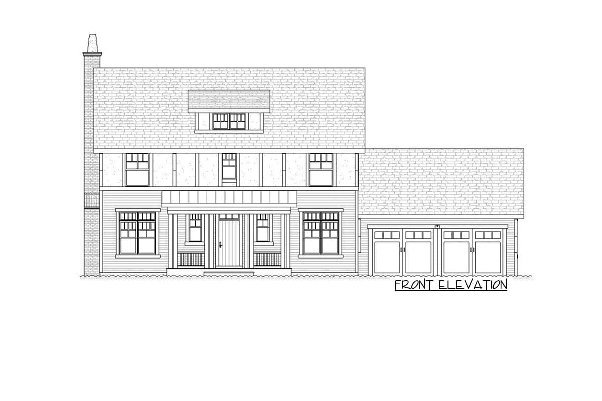 Front elevation house plan: Two-story home with a front porch, prominent chimney, dormer, and three-car garage.
